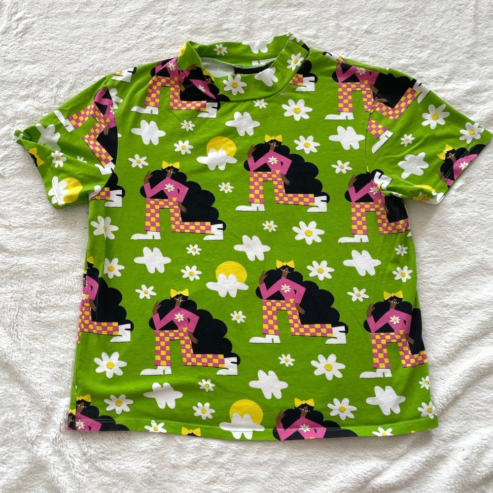 Nooworks Green Graphic Print Mock Neck Short Sleeve Top Cotton Lycra XL